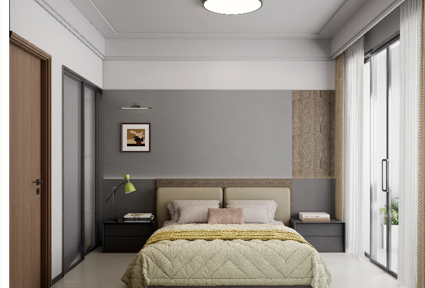 Bedroom rendering at Oxford Garden Kilimani with green bedding, bedside tables and sheer curtains.