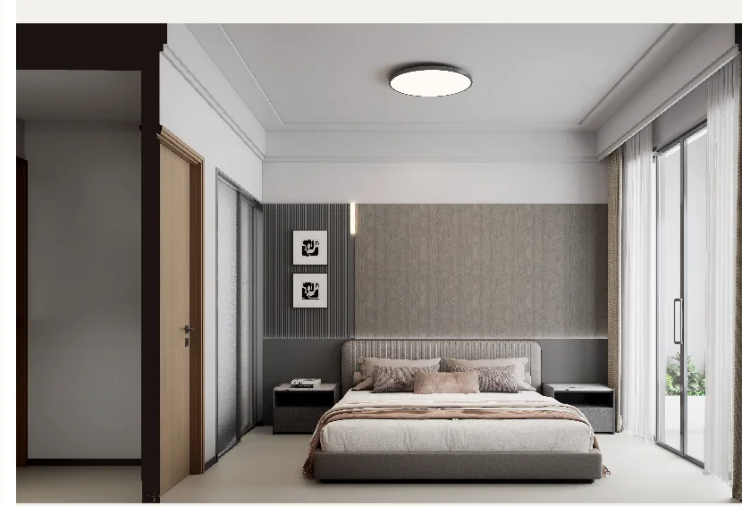 Bedroom rendering at Oxford Garden, Kilimani, with an upholstered bed, bedside tables and floor-length curtains.