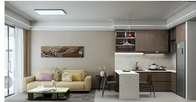 Rendered living area at Oxford Garden Kilimani with beige sofa and open kitchen with breakfast counter.