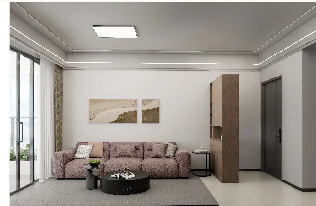 Living room rendering at Oxford Garden, Kilimani, with a sofa, round coffee table and sliding glass doors.