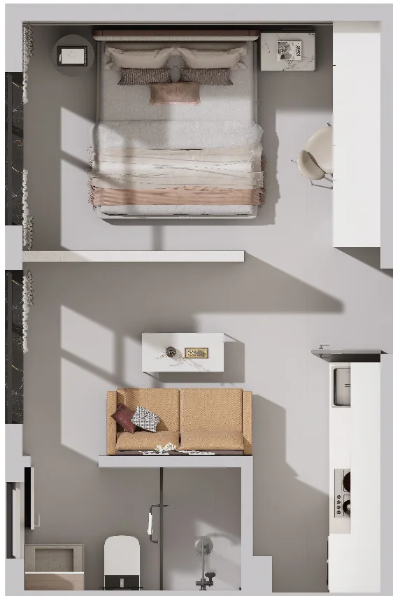 Rendered apartment layout at Oxford Garden, Kilimani, showing a bedroom, living area, kitchenette and bathroom.