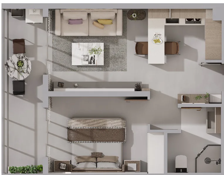 Rendered one-bedroom floor plan at Oxford Garden, Kilimani, showing living area, kitchen, bedroom and bathroom.