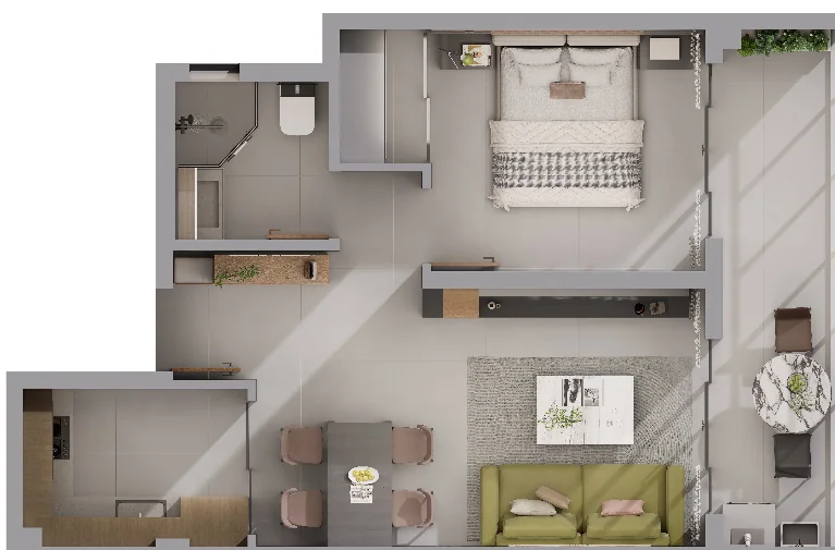 Oxford Garden Kilimani one-bedroom floor plan showing a kitchen, dining area, living room, bathroom and balcony.