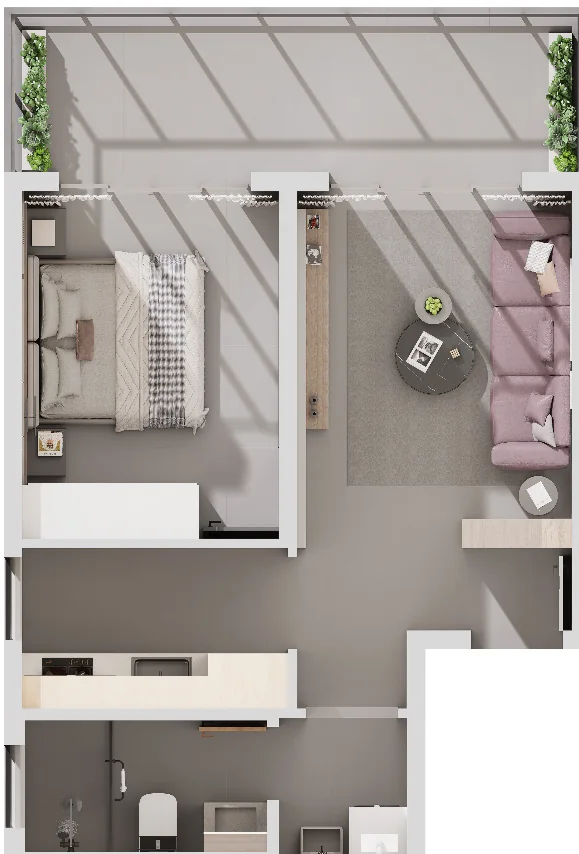 Top-down 3D floor plan of Oxford Garden Kilimani, showing one bedroom, living area, kitchen and bathroom.