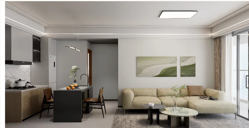 Oxford Garden Kilimani interior rendering with an open-plan kitchen, breakfast bar, beige sectional sofa and coffee tables.