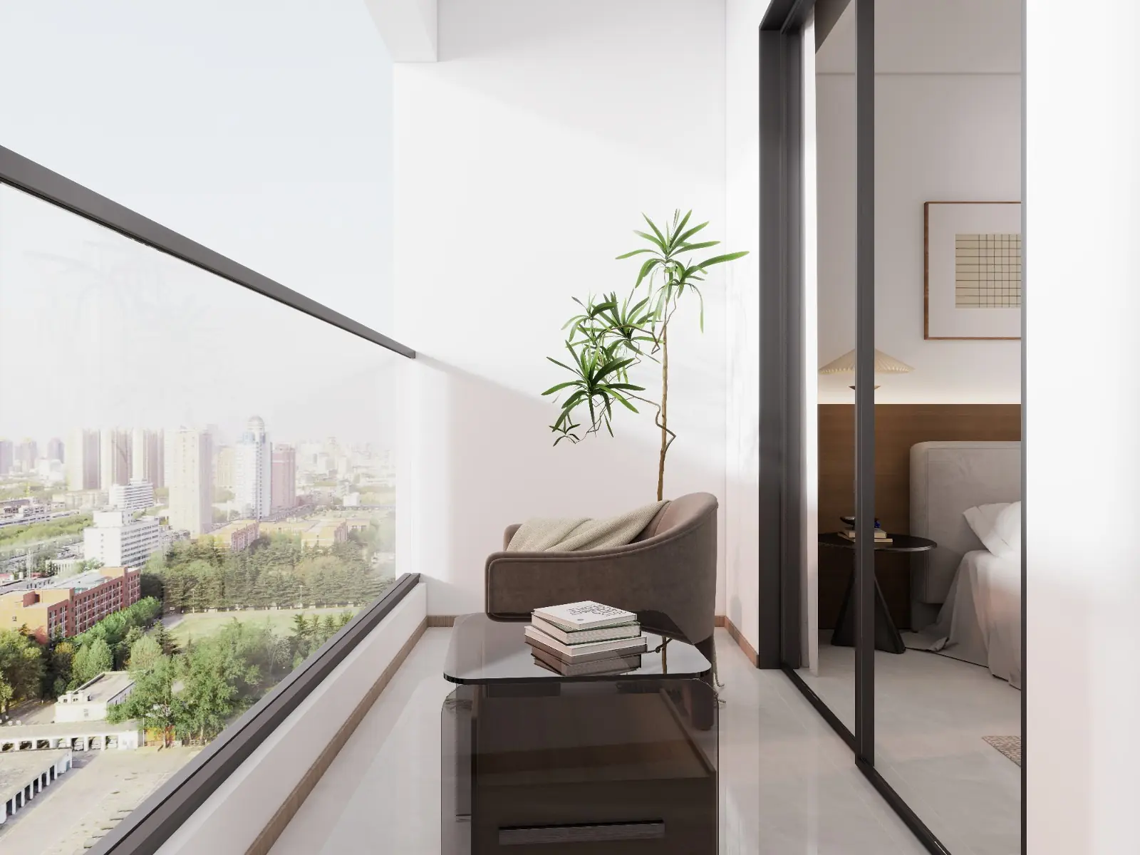 Oxford Homes Riverside balcony rendering with an armchair, table, plant, glass railing and city backdrop.