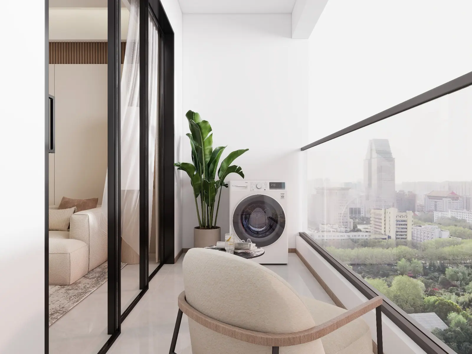 Oxford Homes Riverside balcony rendering with seating, a washing machine, potted plant and glass railing.