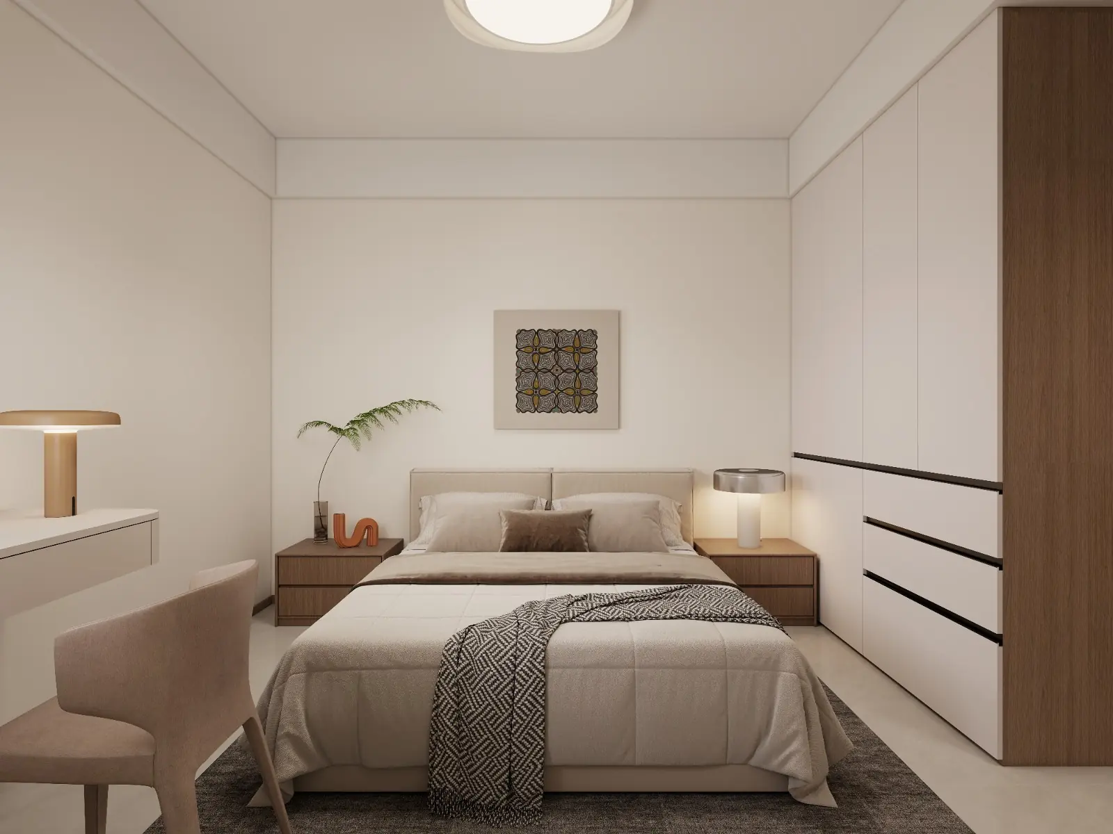 Bedroom rendering at Oxford Homes Riverside with a double bed, patterned throw and white wardrobe.