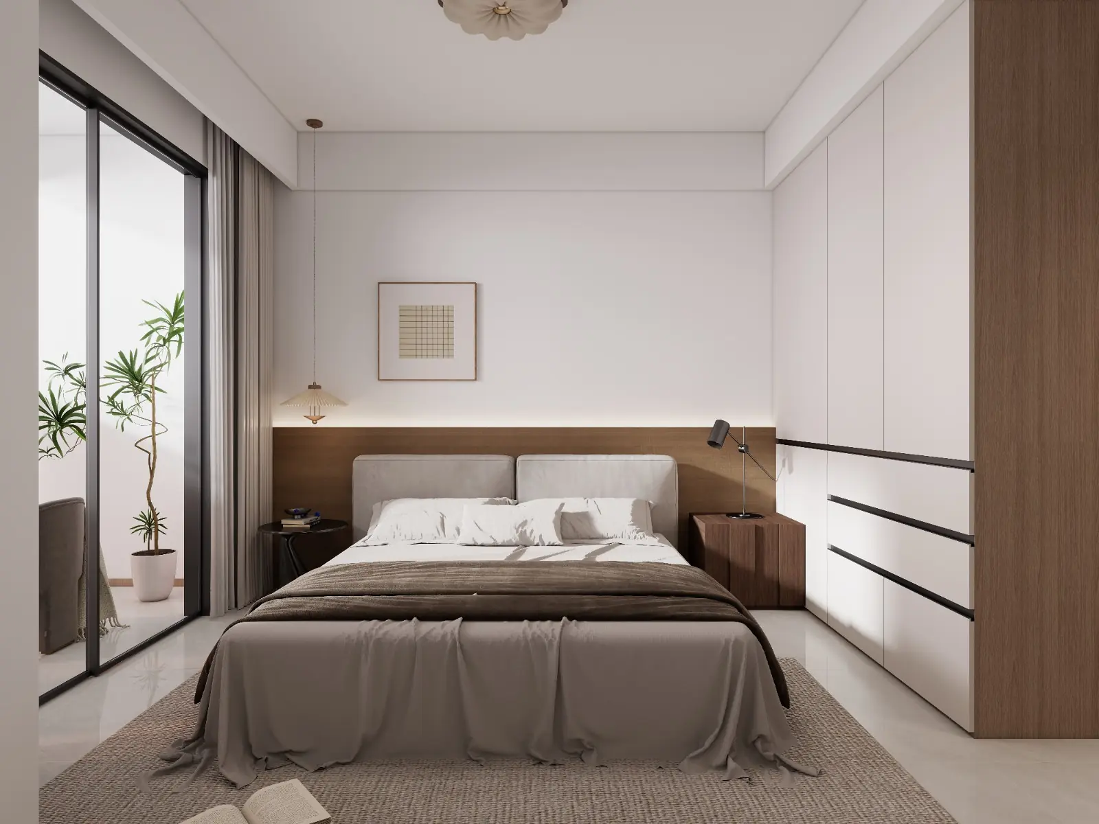 Bedroom rendering at Oxford Homes Riverside with a double bed, white wardrobe and sliding glass doors.