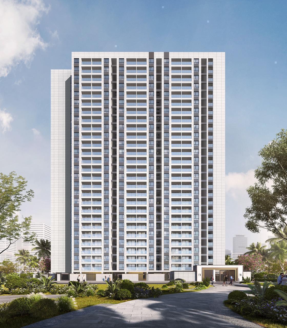 Oxford Homes Riverside exterior rendering showing a high-rise tower with balconies, landscaped gardens and a paved walkway.