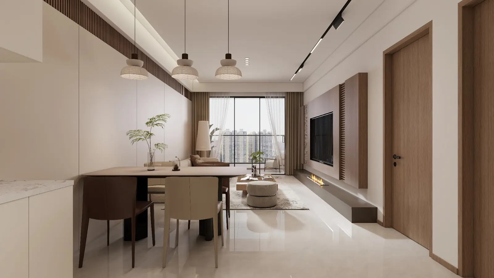 Open-plan living and dining area rendering at Oxford Homes Riverside, with pendant lights and balcony doors.