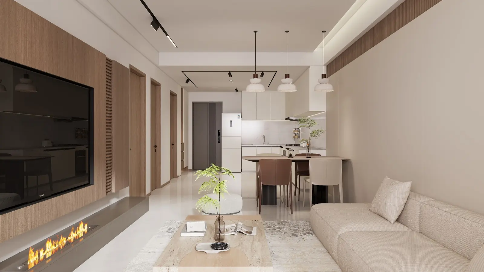 Open-plan living area rendering at Oxford Homes Riverside, with a sofa, dining table and kitchen.