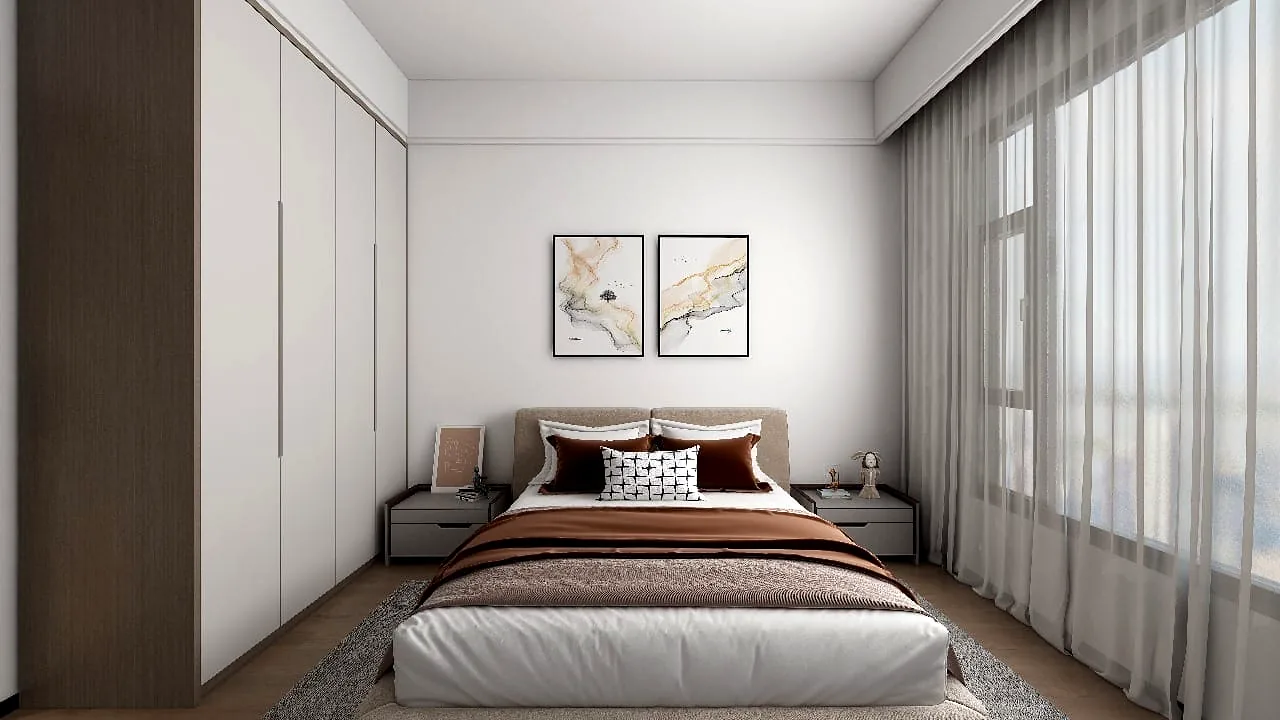 Bedroom at Plumeria Residency, Lavington, with a double bed, fitted wardrobes and sheer-curtained windows.