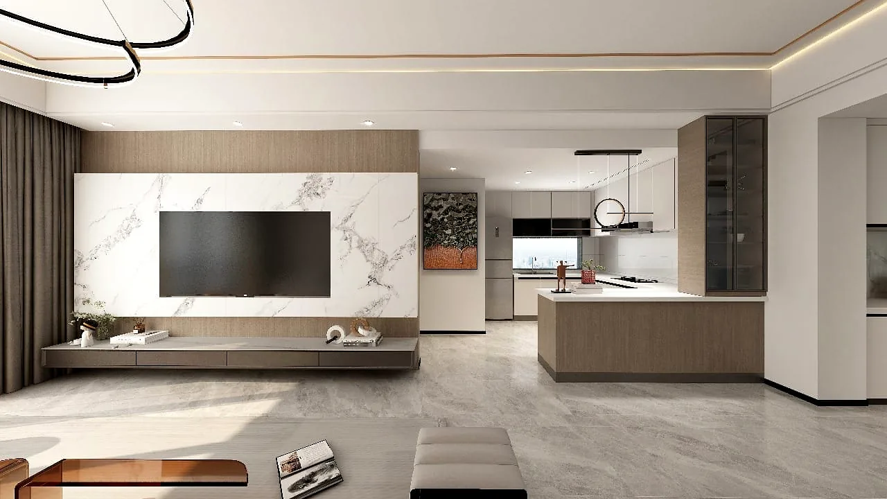 Open-plan living area and kitchen rendering at Plumeria Residency, Lavington, with a wall-mounted TV and peninsula.