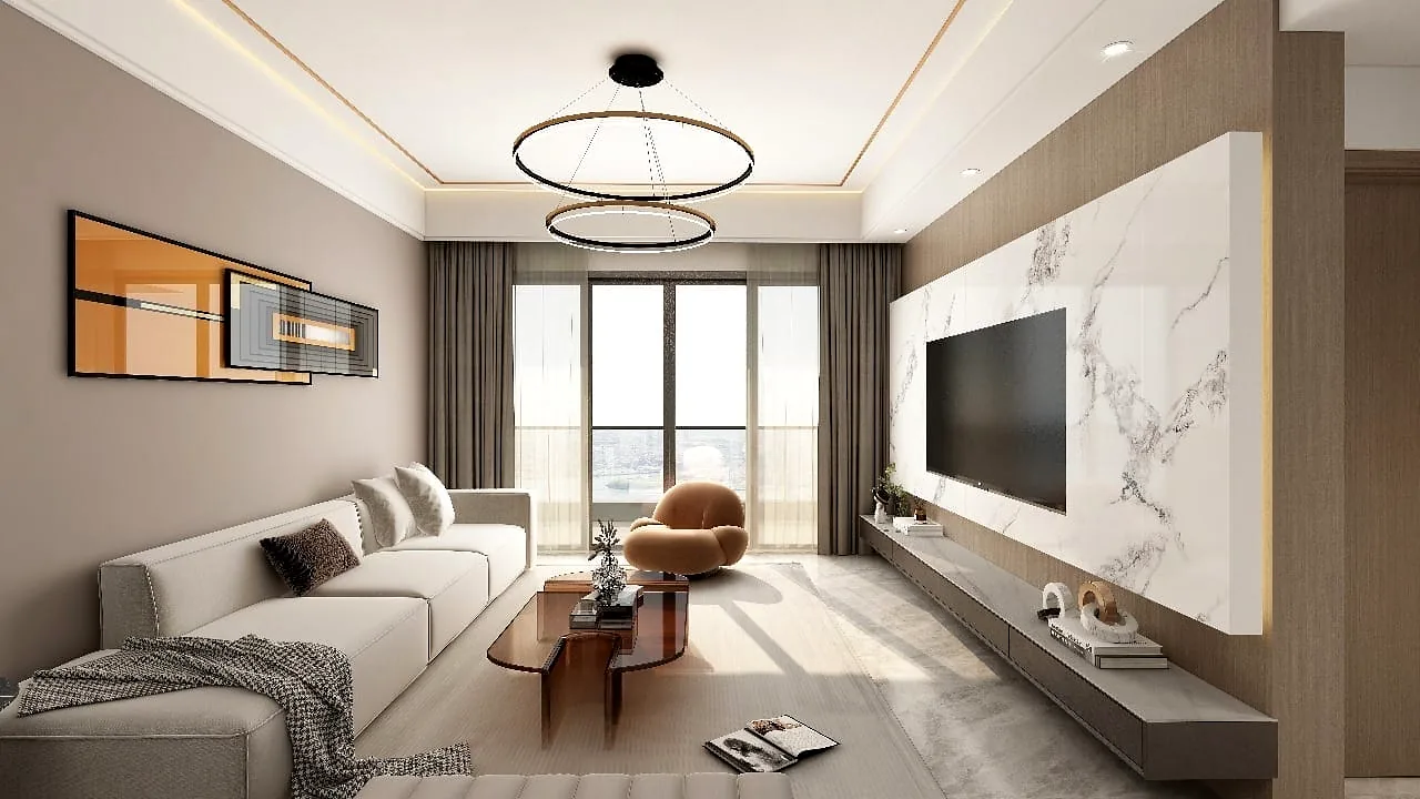 Living room rendering at Plumeria Residency, Lavington, with a pale sofa, wall-mounted television and circular pendant lights.