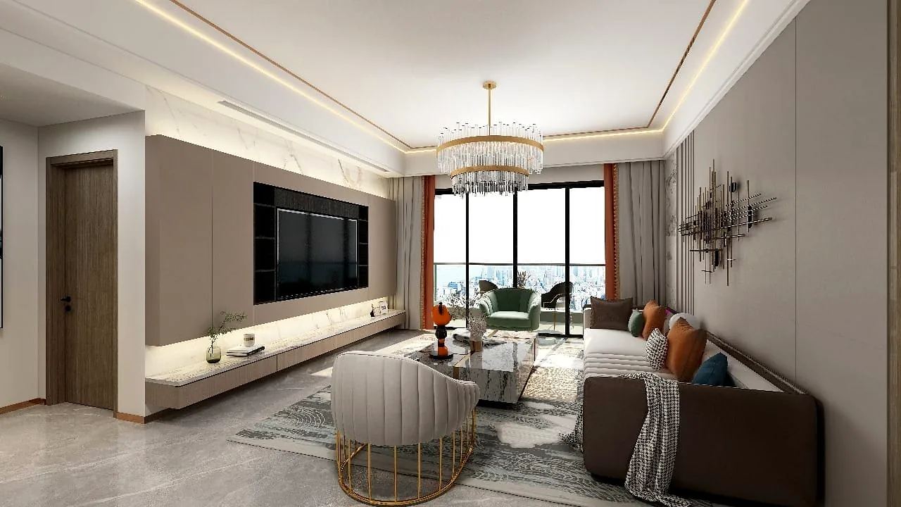 Living room rendering at Plumeria Residency, Lavington, with a chandelier, sofa and wall-mounted television.
