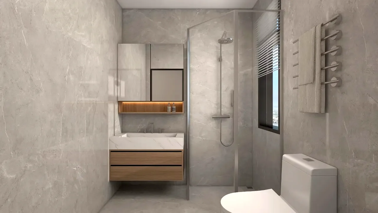 Riara One Residency bathroom rendering with a glass-enclosed shower, floating vanity and toilet.