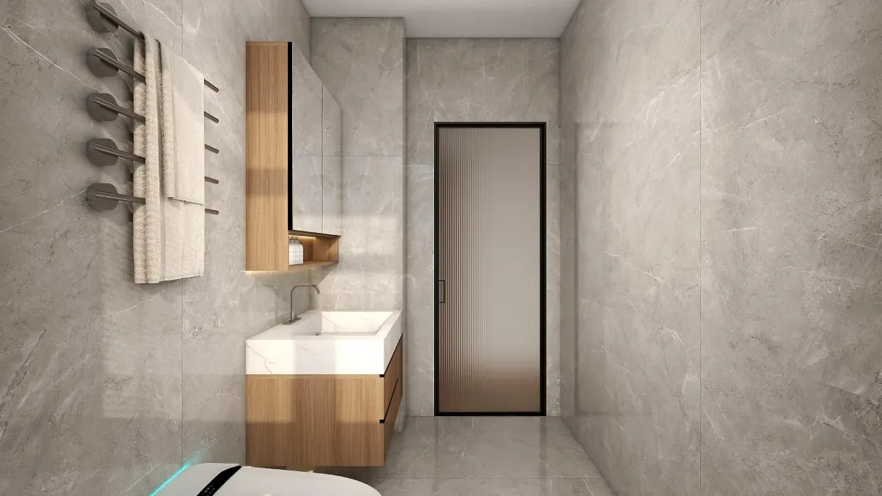 Bathroom rendering for Riara One Residency with grey tiles, a floating vanity and wall-mounted towel rail.