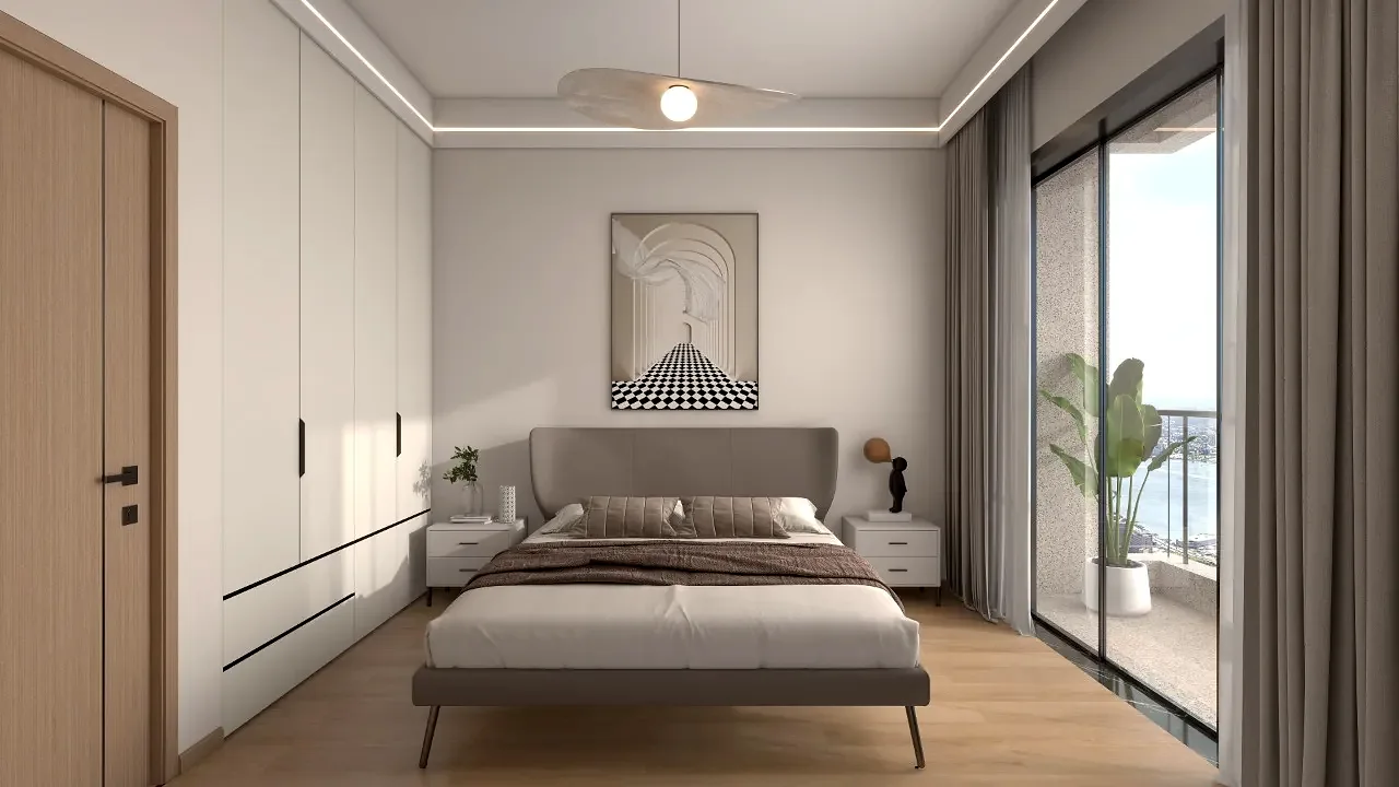 Bedroom rendering for Riara One Residency with an upholstered bed, built-in wardrobes and glass balcony doors.
