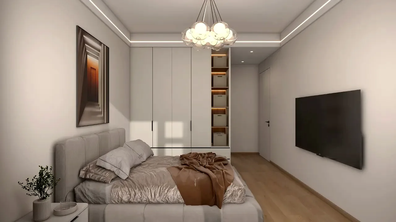 Bedroom rendering for Riara One Residency with an upholstered bed, built-in wardrobes and a wall-mounted television.
