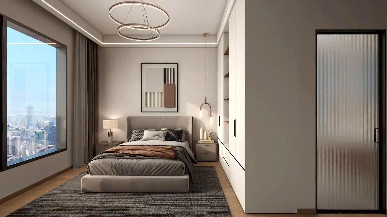 Bedroom rendering for Riara One Residency with an upholstered bed, white wardrobes and a large window.