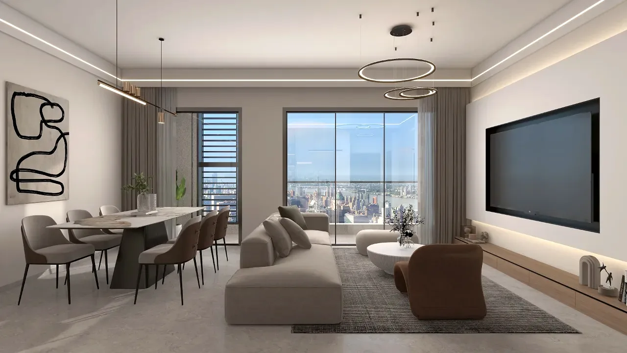 Rendered living and dining area at Riara One Residency, with a sofa, dining table and balcony doors.