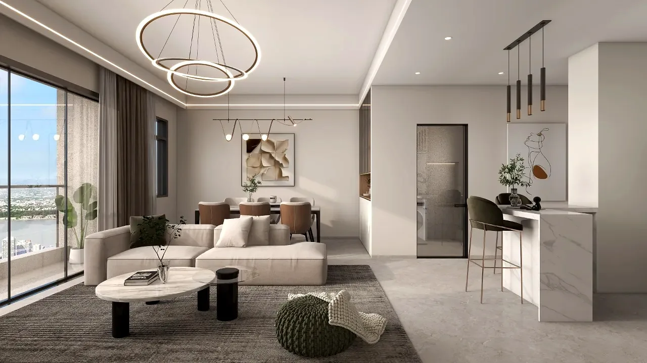 Rendered living and dining area at Riara One Residency, with a cream sofa and pendant lights.
