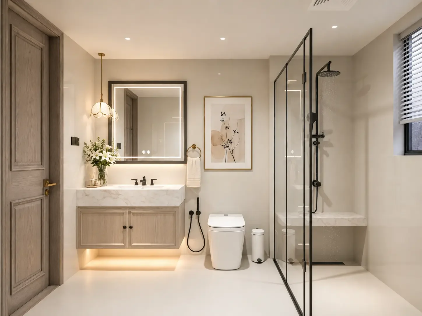 Riverside Azure bathroom with a floating vanity, illuminated mirror, toilet and black-framed glass shower enclosure.