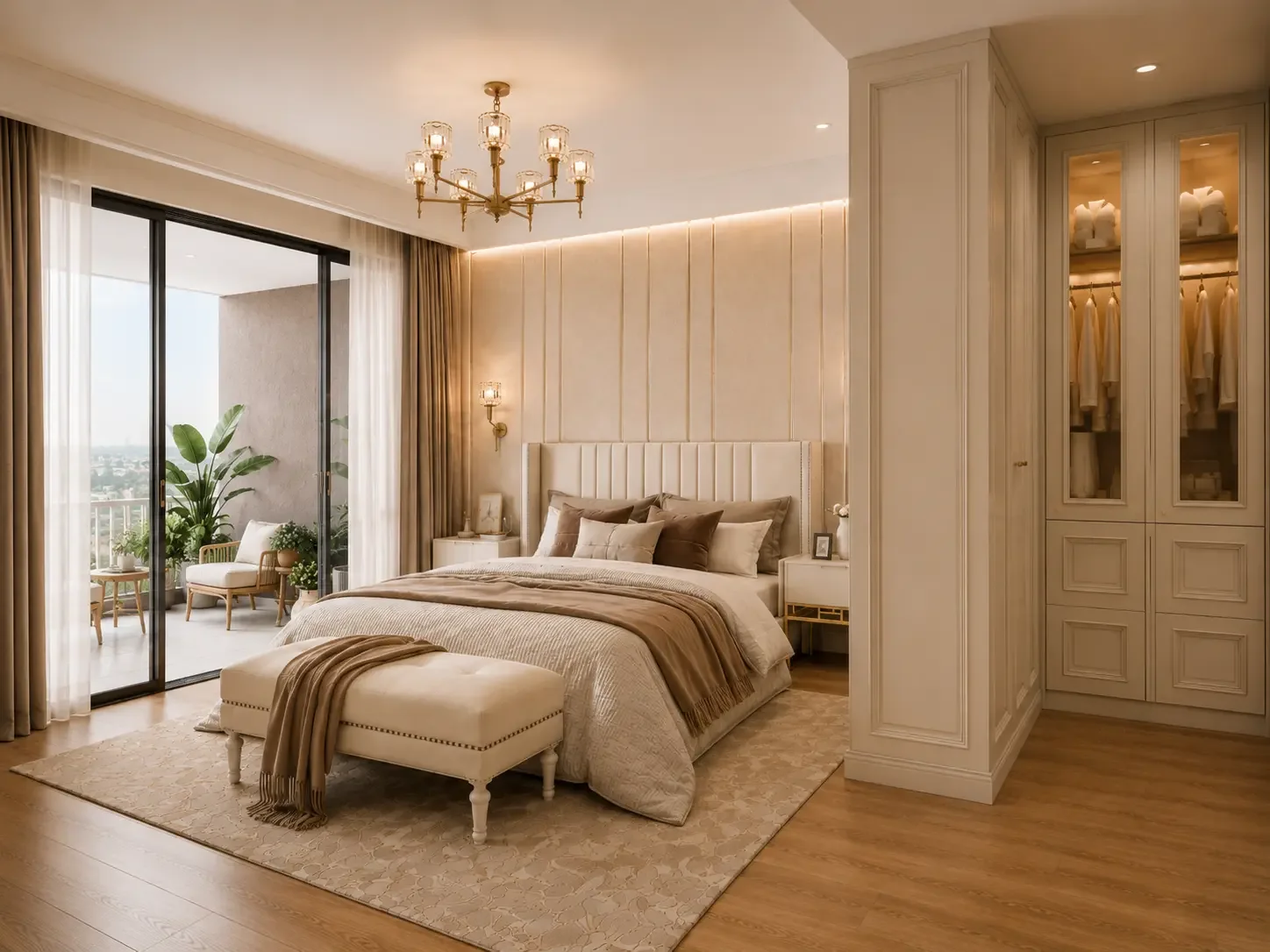 Riverside Azure bedroom with upholstered bed, chandelier, glass-front wardrobe and sliding doors to a furnished balcony.