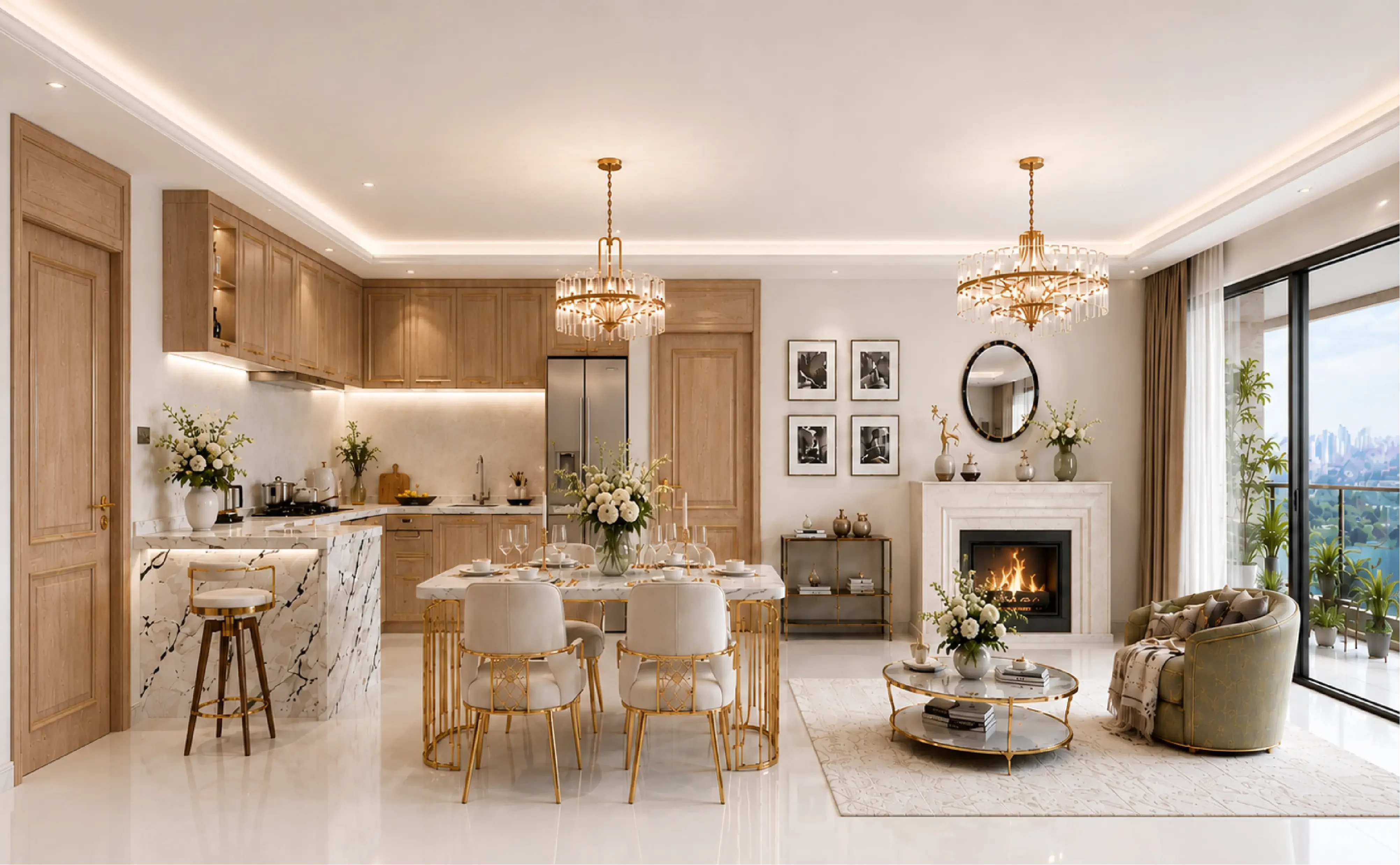 Riverside Azure interior rendering showing an open-plan kitchen, dining area and seating beside a fireplace and balcony doors.