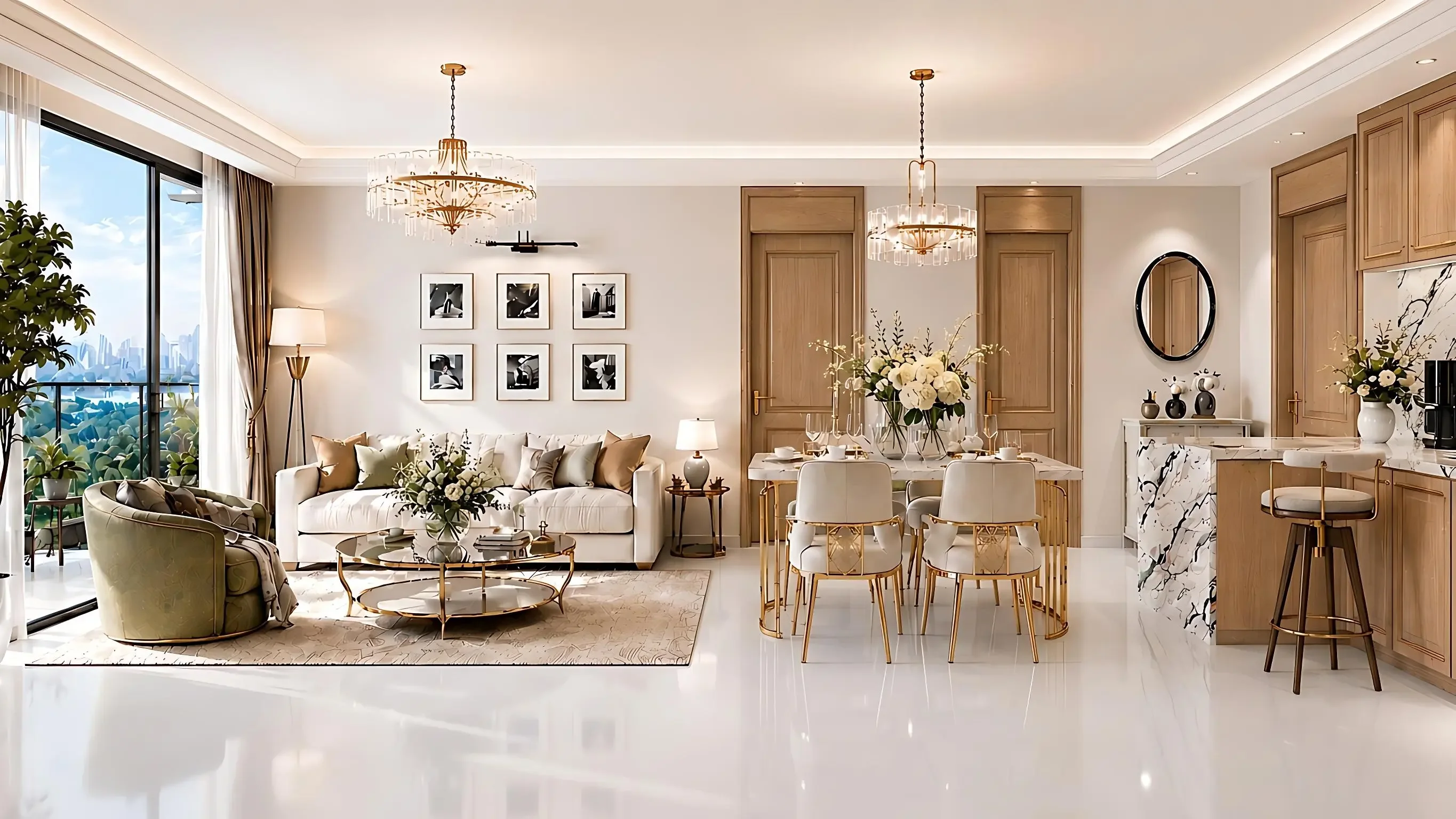 Riverside Azure interior rendering with open-plan living and dining areas, chandeliers, and a kitchen breakfast bar.
