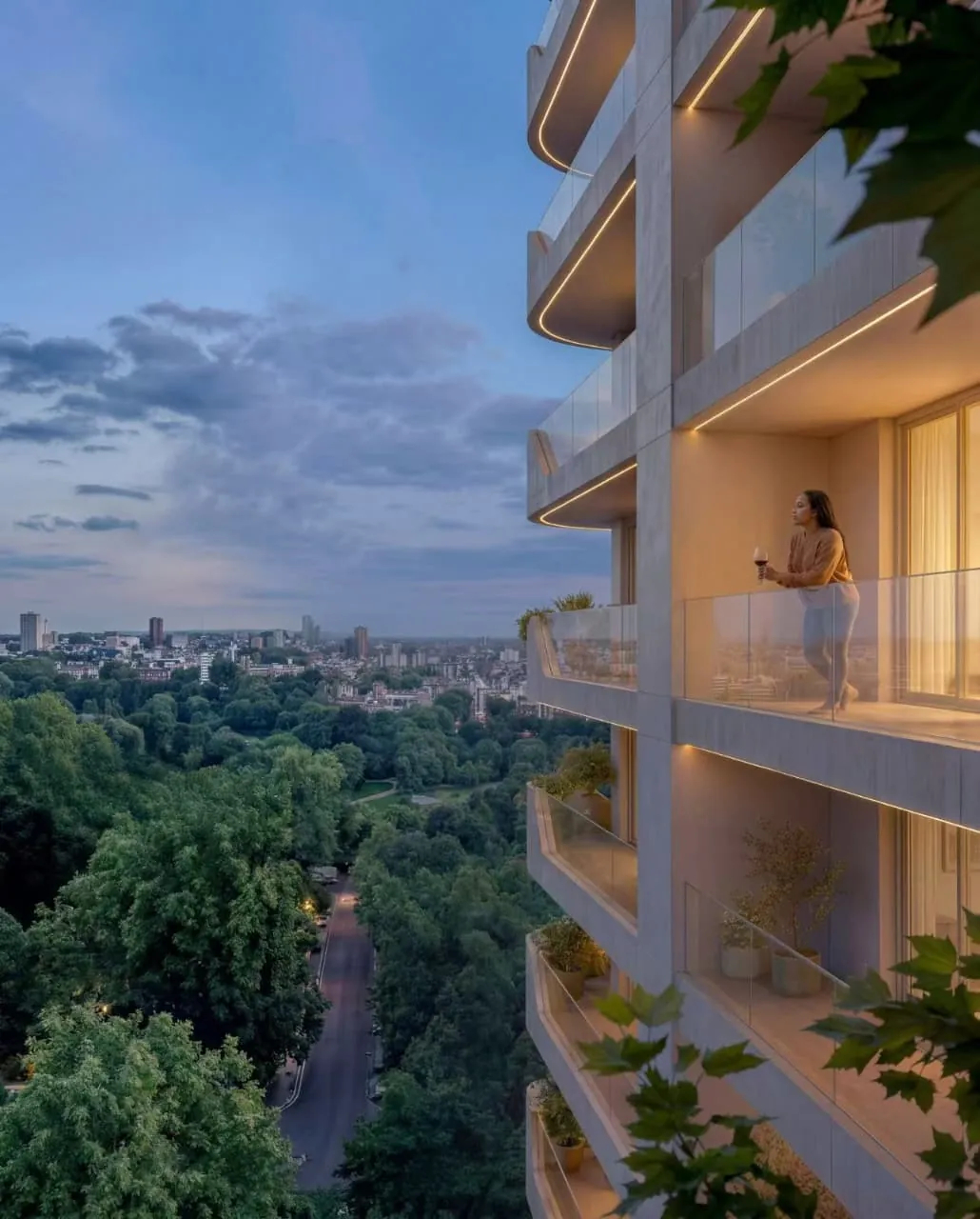 Rendering of Riverside Times Apartments with illuminated glass-railed balconies overlooking treetops and the city skyline at dusk.
