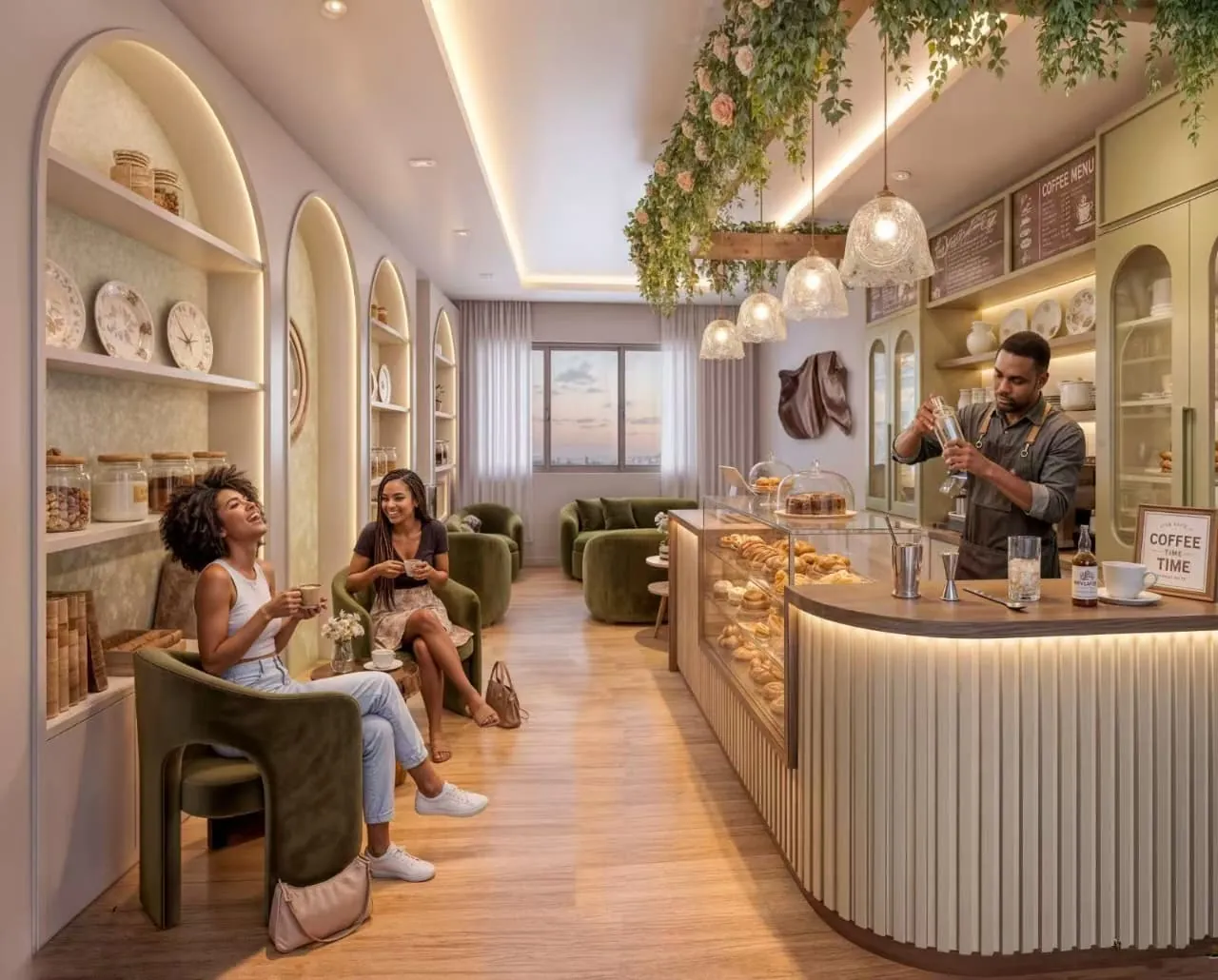 Riverside Times Apartments café interior with green seating, a pastry counter and hanging plants.