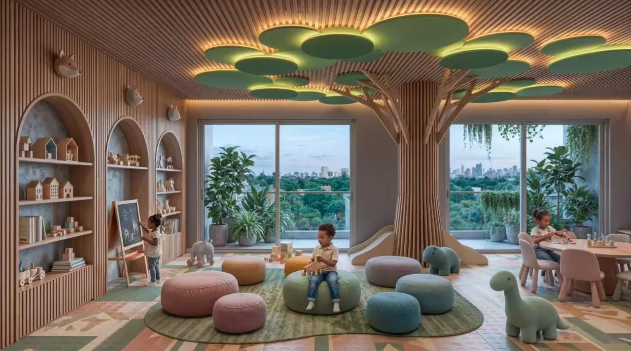 Children’s playroom rendering at Riverside Times Apartments, with tree-inspired ceiling decor, colourful seating and toy shelves.