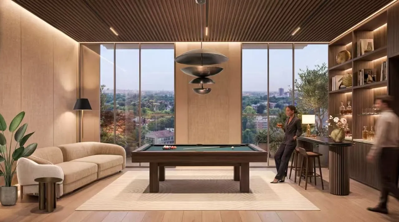 Lounge rendering at Riverside Times Apartments with a pool table, sofa, bar counter and floor-to-ceiling windows.