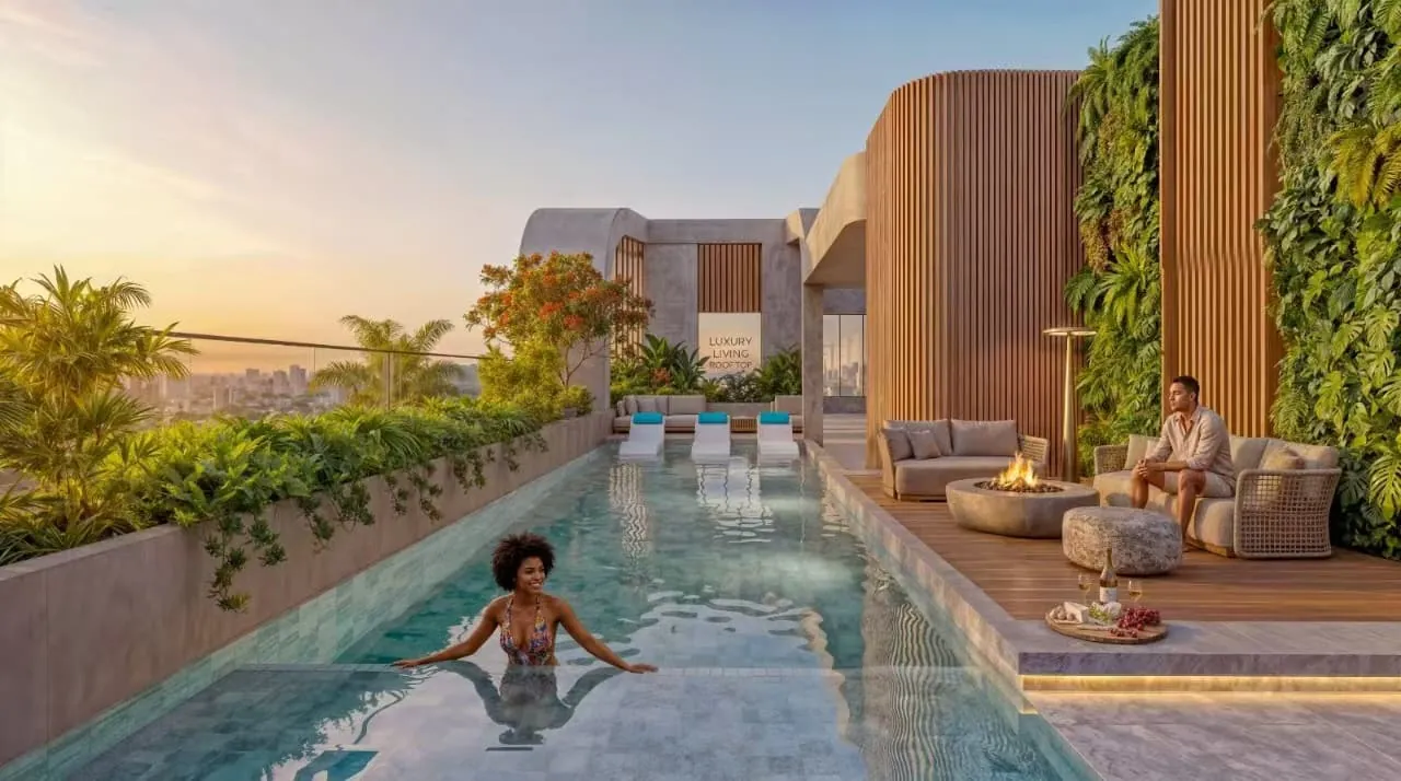 Rooftop pool rendering at Riverside Times Apartments, with lounge seating, a fire pit and vertical greenery.