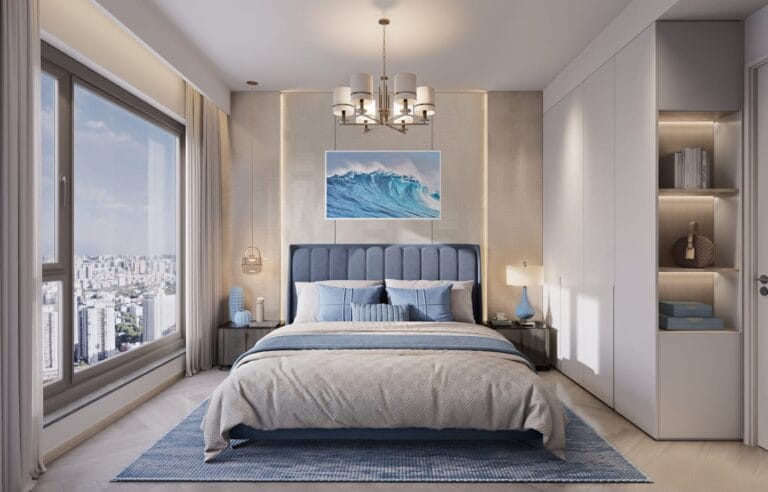 Bedroom rendering at Santorini Residences, Westlands, with a blue upholstered bed, built-in wardrobes and a large window.