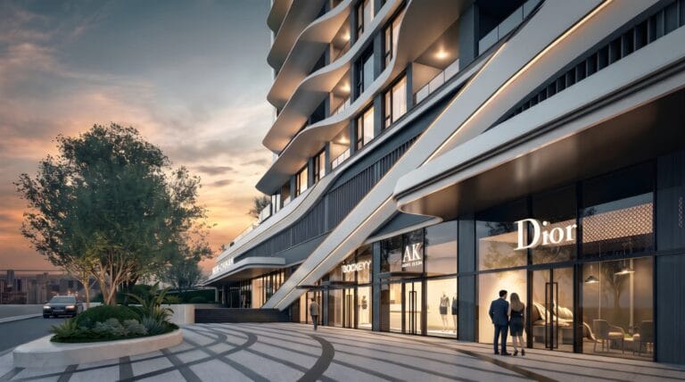 Exterior rendering of Santorini Residences in Westlands, showing curved balconies, illuminated storefronts and a landscaped forecourt.