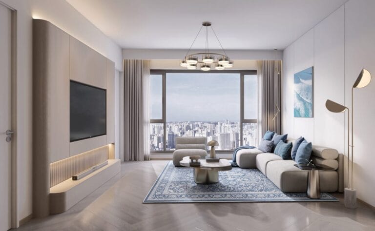 Living room rendering at Santorini Residences, Westlands, with blue sofa cushions, patterned rug and large windows.