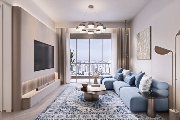 Living room rendering at Santorini Residences, Westlands, with a blue sectional sofa and patterned rug.