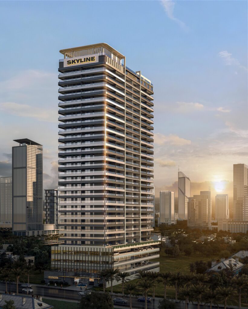 Exterior rendering of Skyline Westlands Apartments with stacked balconies and surrounding city towers.