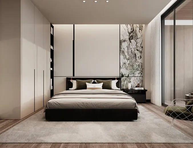 Bedroom rendering at Skyline Westlands Apartments with fitted wardrobes, a double bed and marble-patterned wall panel.