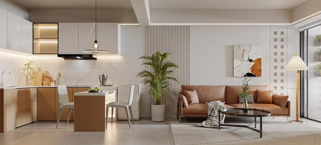 Skyline Westlands interior rendering showing an open-plan kitchen, brown sofa and round coffee table.