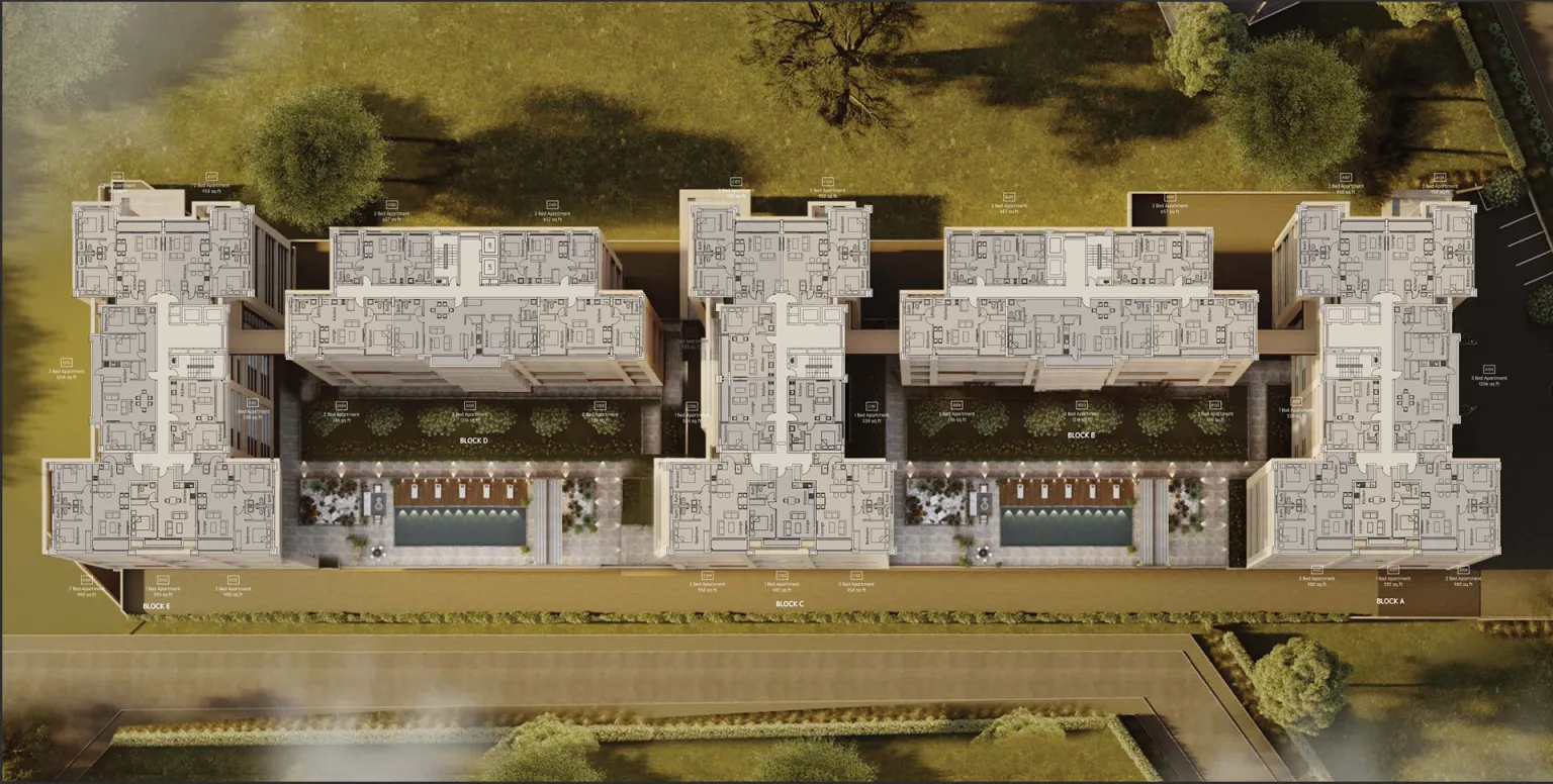 Rendered site plan of the South C apartment development showing building layouts, two pools and landscaped courtyards.
