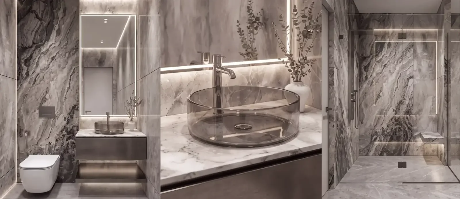 Bathroom design at Spectre Residences, Westlands, with a glass basin, illuminated mirror and glass-enclosed shower.