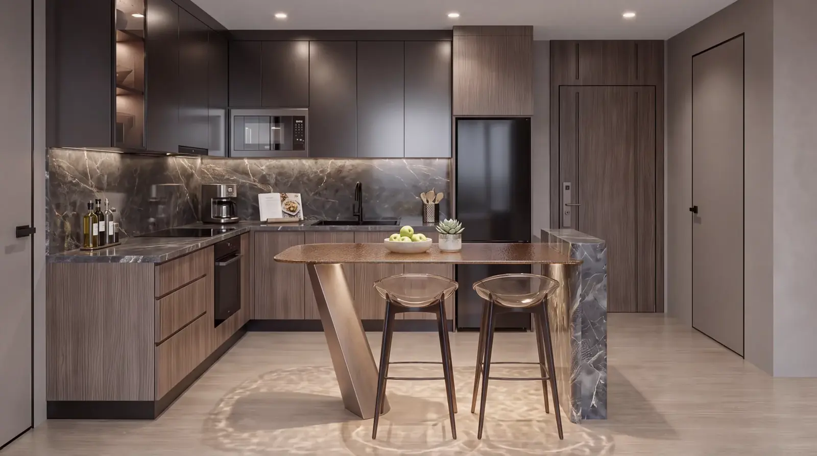 Kitchen at Spectre Residences, Westlands, with dark cabinets, a breakfast bar and two stools.