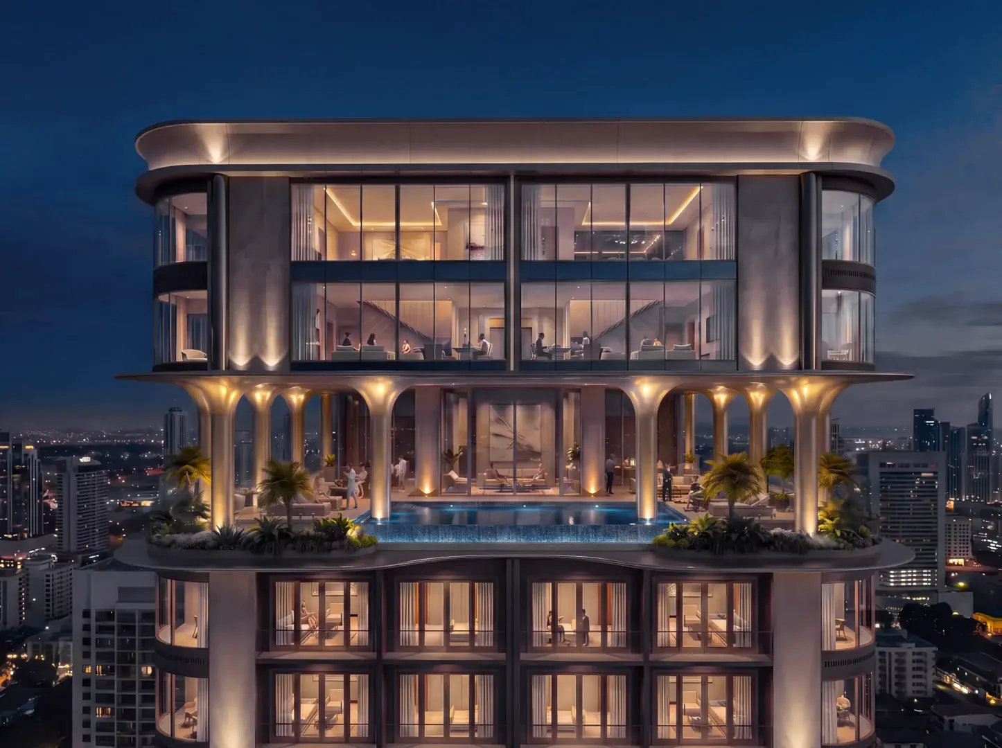 Evening rendering of Spectre Residences in Westlands, with an elevated infinity pool and illuminated terrace columns.