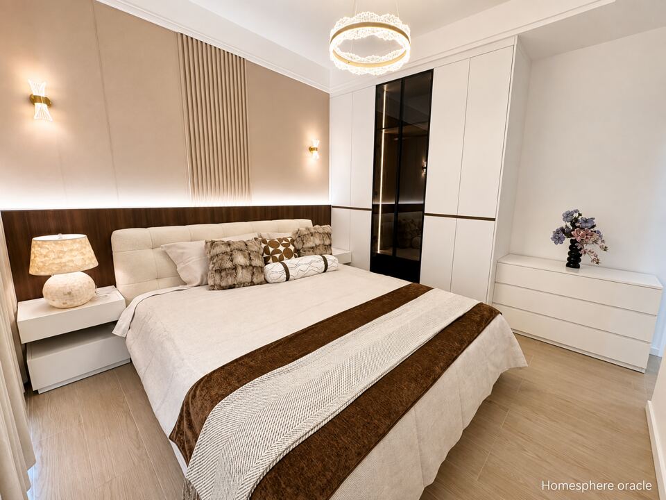 Bedroom in a Spring Valley apartment with an upholstered bed, fitted wardrobes and a circular pendant light.