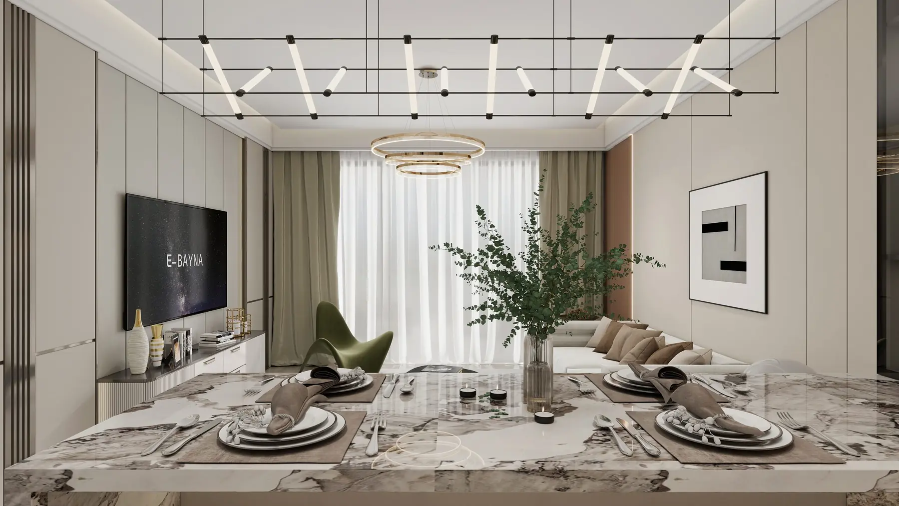 Spring Valley apartment rendering with a set dining table, white sofa, green armchair and pendant lights.