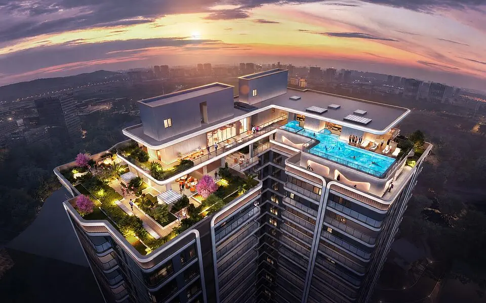 Architectural rendering of Spring Valley apartments with a rooftop pool and landscaped terraces at sunset.